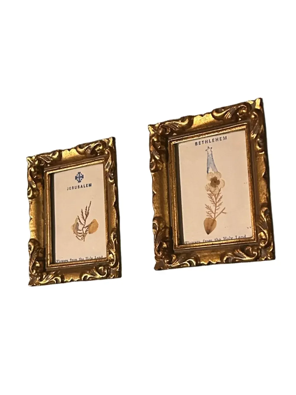 Jerusalem Bethlehem Flowers from Holy Land Set Gold Ornate Picture Frames 3x4x1